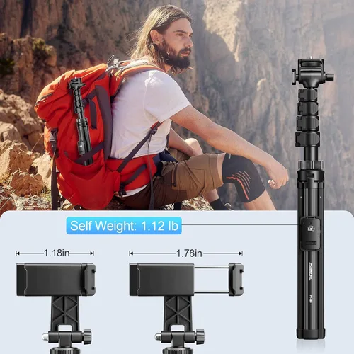 Vista 7 de Fugetek Trípode profesional para teléfono celular de 62", diseño ultra estable de 4 patas, control remoto Bluetooth, bastón y patas 100%