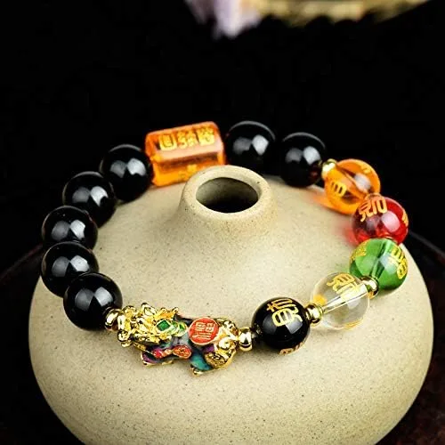 Vista 2 de Hecho a mano Feng Shui Obsidiana Perlas Pi Yao Pi Xiu Cinco Elementos Riqueza Prosperidad Pulsera Amuleto