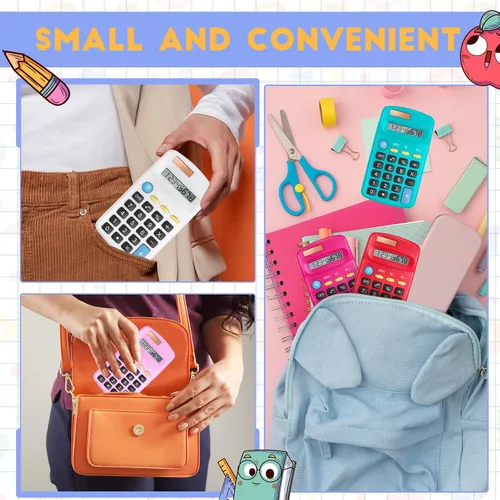 Vista 6 de Paquete de 12 mini calculadoras básicas de tamaño de bolsillo para estudiantes en ángulo de mano, pantalla de 8 dígitos, batería solar, calculadora
