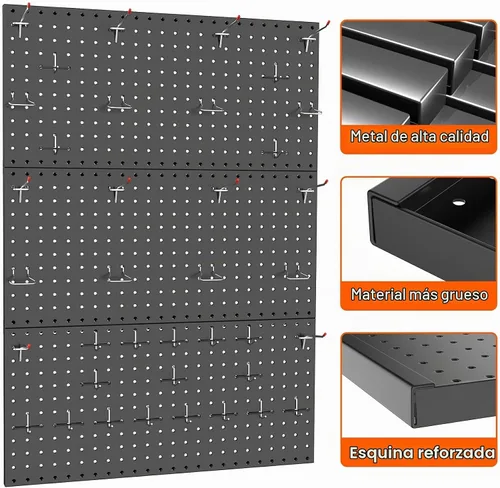Vista 5 de TORACK 3 piezas de paneles de tablero de clavijas de metal para almacenamiento de herramientas de garaje en pared, tablero de clavijas para banco