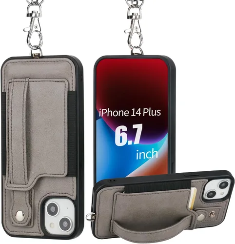 Vista 29 de TOOVREN Funda para teléfono compatible con iPhone 14 Plus, compatible con iPhone 14 Plus, funda con correa para tarjetero, cordón de cuero para Negro