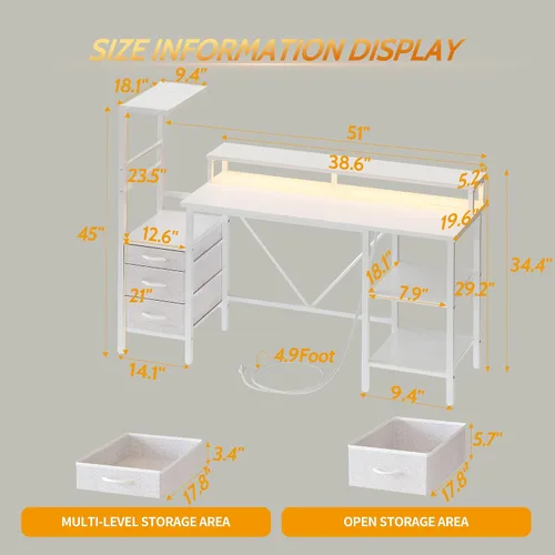 Vista 2 de Escritorio reversible para juegos de 52 pulgadas con cajones y estantes Blanco