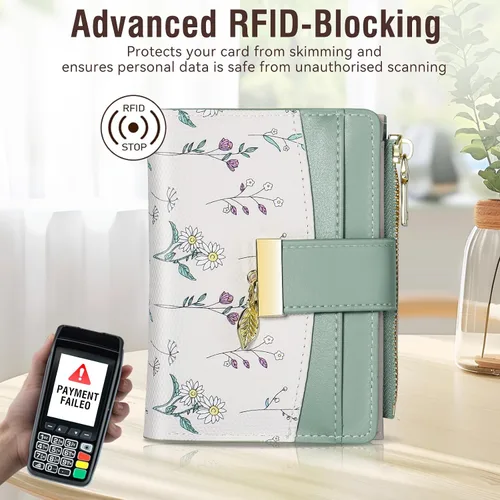Vista 4 de Avando Carteras para mujer - Bloqueo RFID, de piel sintética suave, plegable, con cremallera, bolsillo con cremallera, cartera pequeña con flores