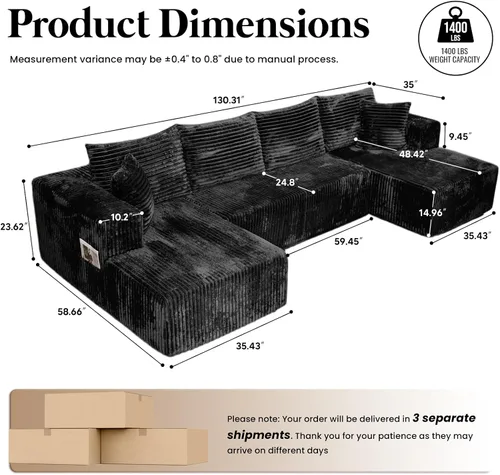 Vista 2 de sofás deshuesados en forma de U de 130", negro modular del sofá seccional