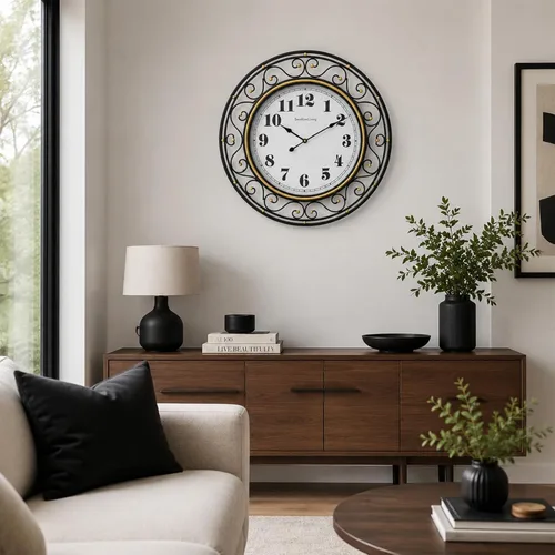 Vista 7 de SwallowLiving 20 Inch Large Metal Wall Clock – Modern Minimalist Decorative Silent Non-Ticking Hanging Clock with Gold Accent Scrollwork Design for