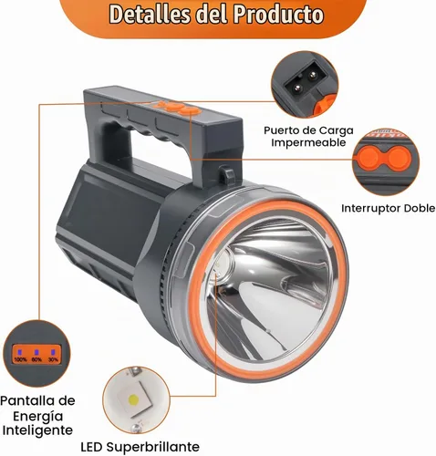 Vista 6 de Linterna de buceo recargable con pantalla de alimentación, IP68 impermeable y sumergible, interruptor doble, 4 modos, reflector LED portátil