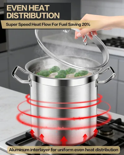 Vista 4 de STOCKPOT Olla de acero inoxidable de 20 cuartos de galón con tapa de vidrio templado, base de 3 capas, 8.8 libras, acabado pulido, adecuada