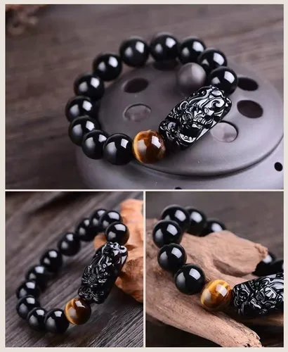 Vista 29 de Pulsera de obsidiana negra, pulsera de obsidiana negra Feng Shui para mujeres y hombres, pulsera elástica de obsidiana con piedra de ojo de tigre