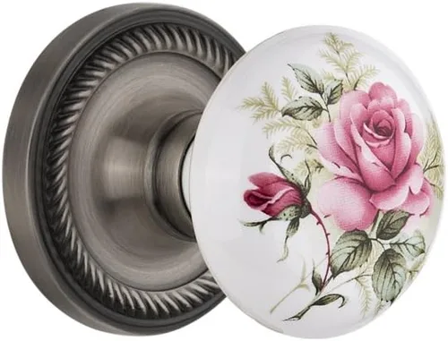 Vista 12 de Nostalgic Warehouse 711306, Mortaja de 2.25 pulgadas, roseta de cuerda de latón antiguo con perilla de porcelana rosa blanca