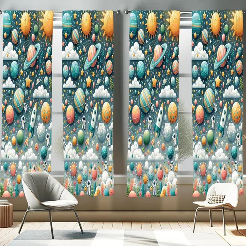 Vista 14 de Ambesonne Paquete de 2 cortinas para ventana con estampado de hojas, arte botánico con hojas, mosaico, detalles cuadrados cúbicos, naturaleza