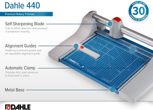 Vista 5 de Dahle 440 Recortador rotativo premium, longitud de corte de 14 pulgadas, capacidad de 30 hojas, afilado automático, abrazadera automática, cortador