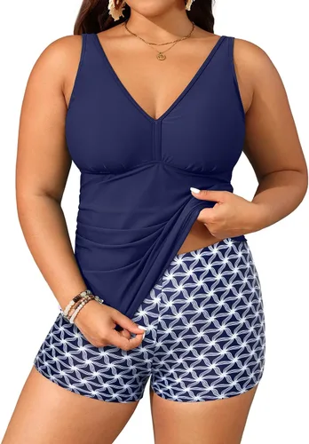 Vista 8 de Yonique Trajes de baño de talla grande para mujer con shorts, control de abdomen, tankini de dos piezas, traje de baño deportivo Aqua y flor azul