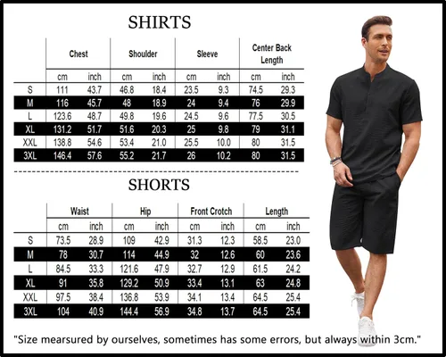 Vista 6 de COOFANDY Conjunto de 2 piezas de lino para hombre, camisas Henley casuales de manga corta, pantalones cortos de yoga para la playa, pantalones