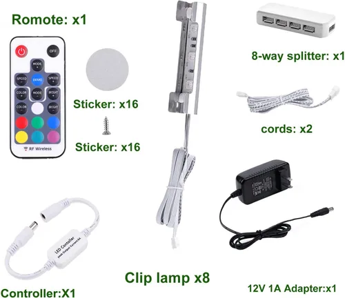 Vista 2 de AIBOO Kit de iluminación LED para estante de vidrio para iluminación lateral trasera con cable flexible y clip con control remoto RF (8 luces, RGB)