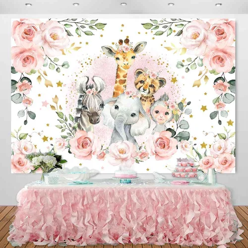 Vista 2 de Sensfun Telón de fondo de fiesta de baby shower con texto en inglés "It's A Girl" ("It's A Girl"), diseño floral rosa, animales del zoológico