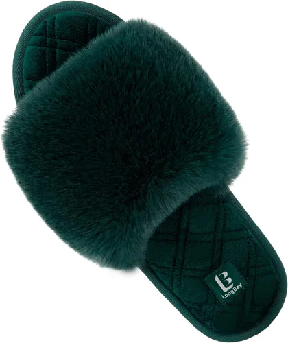 Vista 10 de LongBay Pantuflas mullidas para mujer, cómodas, de espuma viscoelástica, para el hogar, puntera abierta, para interiores y exteriores Negro