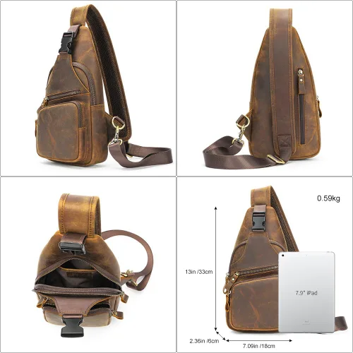 Vista 2 de NIUCUNZH Bolso bandolera de cuero genuino con cierre de metal frontal, hecho a mano, estilo vintage, mochila de hombro para mujeres y hombres, Crazy