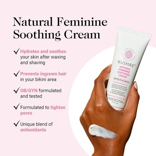 Vista 2 de Kushae Crema calmante femenina para después del afeitado, hecha por obstetra/ginecología, natural, sin fragancia, a base de aloe, hidratante íntimo