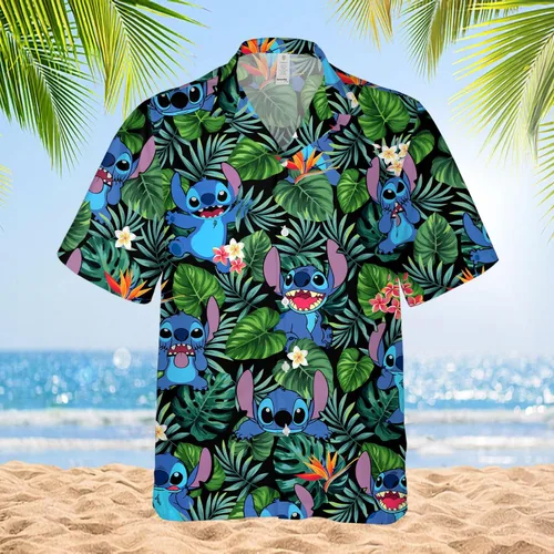 Vista 3 de Divertida camisa hawaiana de animales para hombre, linda camisa de manga corta de alienígena espacial, para regalo, camisa tropical informal