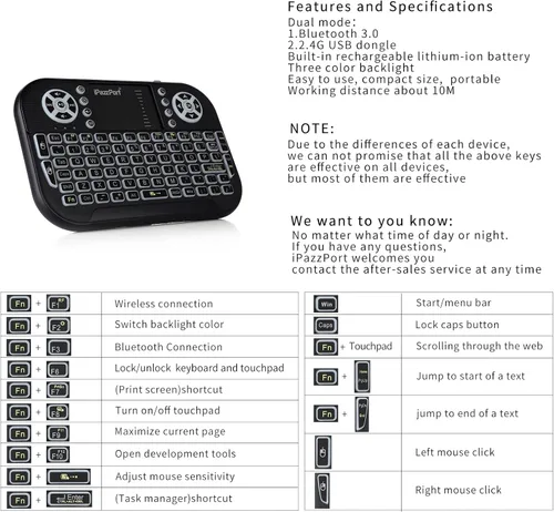 Vista 6 de iPazzPort Mini teclado Bluetooth con panel táctil, retroiluminado Negro
