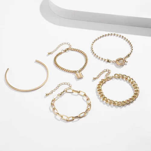 Vista 3 de Juego de 5 pulseras apilables de cadena de oro y plata de estilo bohemio para mujer, con cuentas ajustables y gruesas, cadena de cable plano y punk