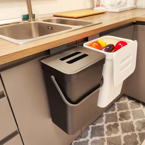 Vista 9 de stonespace Cubo de compost de cocina para encimera, pequeño bote de basura colgante con tapa debajo del fregadero para cocina y baño, cubo de Negro