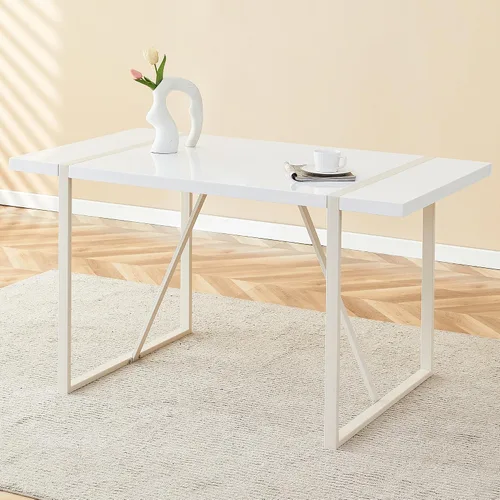 Vista 3 de Mesa de comedor rectangular industrial estilo crema para 4 6 personas con parte superior de 1.5 pulgadas de grosor y patas de metal blanco e