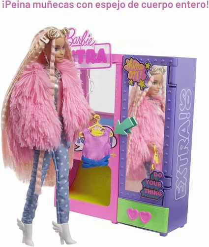 Vista 5 de Barbie Juego de moda extra sorpresa con 20 piezas, incluyendo caniche para mascotas, armario y función de botón que dispensa accesorios de moda