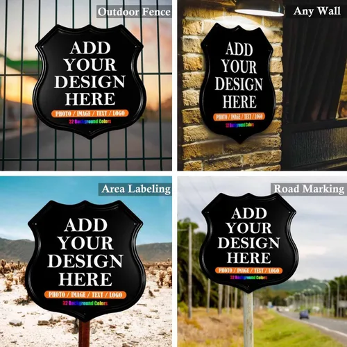 Vista 6 de HAOGEILI - Letreros de metal personalizados con forma de escudo, haz tu propio escudo personalizado con logotipo de texto fotográfico, letreros