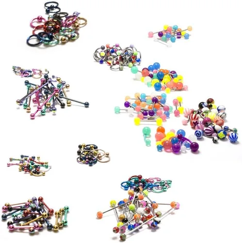 Vista 2 de Body Jewelry Lote de 232 piezas de acero anodizado acrílico nariz anillo pezón vientre 14G 16G, Metal, circonita cúbica