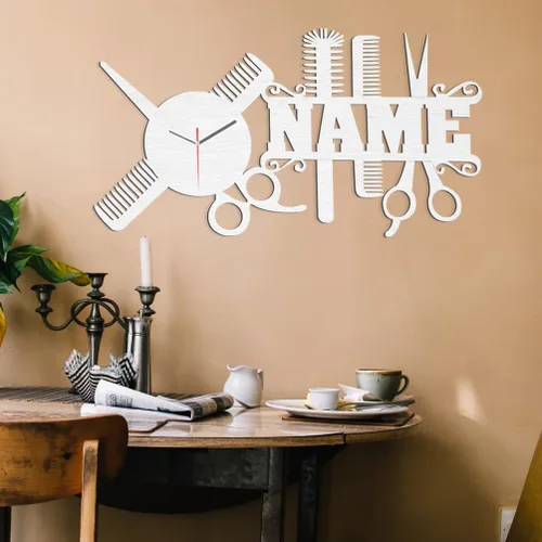 Vista 4 de Reloj de pared de madera con nombre único personalizado personalizado para salón de belleza, decoración de estudio de peluquería para peluquería