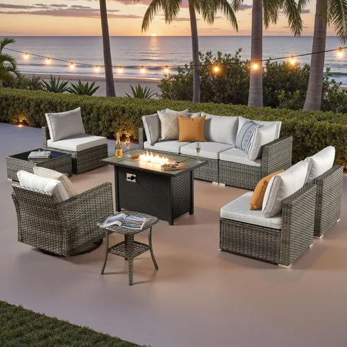 Vista 27 de ovios Juego de muebles de patio al aire libre de 5 piezas con mesa de café, conjunto seccional de muebles de patio con sofá de mimbre para todo tipo