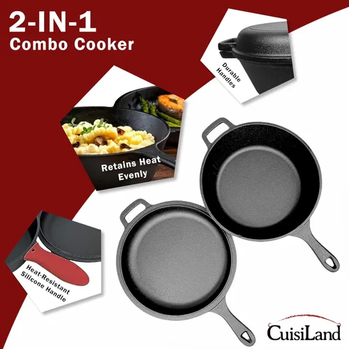 Vista 3 de Cuisiland Juego de 3 piezas de cocina combinada de hierro fundido, wok de 3.2 cuartos y sartén de 10 pulgadas con mango de silicona