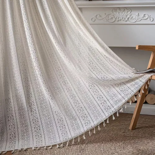Vista 12 de Deeprove - Cortinas bohemias de 63 pulgadas de largo para dormitorio, rayas de lunares de punto hueco beige y patchwork de algodón y lino crema