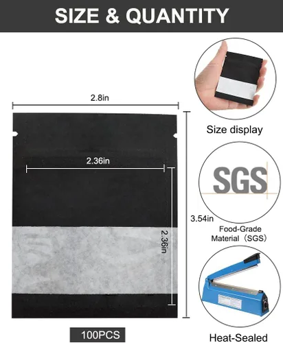 Vista 2 de BEISHIDA Paquete de 100 bolsas resellables de papel kraft de 3.5 pulgadas con ventana transparente, pequeñas bolsas herméticas sellables con calor