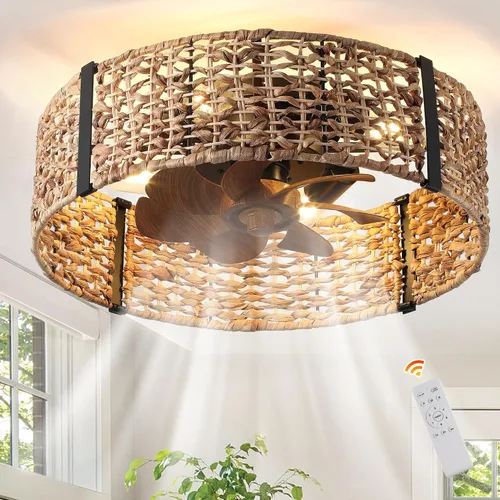 Vista 11 de Ganeed Ventilador de techo bohemio de 20 pulgadas con luz, ventilador de techo enjaulado de ratán tejido a mano con luz y control remoto, ventilador