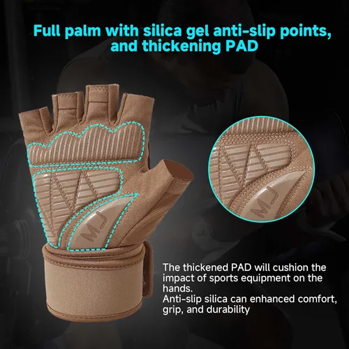 Vista 4 de Guantes de entrenamiento para hombre para levantamiento de pesas - Guantes de ejercicio para hombres y mujeres con soporte para muñequera, Marrón