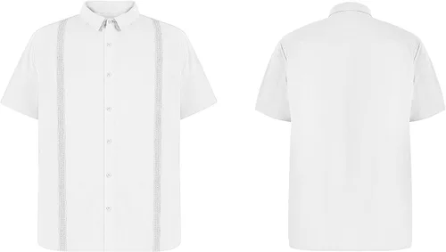 Vista 4 de Camisa de lino y algodón para hombre, con botones, manga corta, casual, para playa, guayabera cubana, campamentos, Blanco