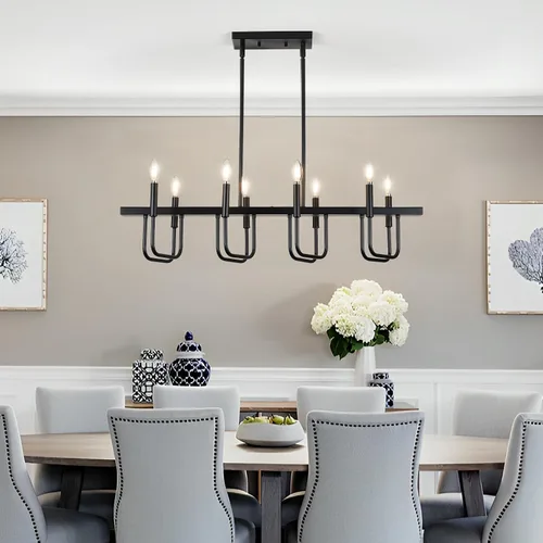 Vista 2 de Lámparas rectangulares para comedor sobre la mesa, candelabros modernos de estilo granja para comedor, candelabro lineal negro de 8 luces, luces