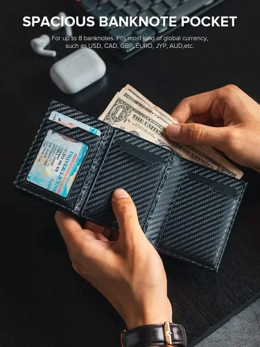 Vista 5 de SXNBH - Tarjetero de cuero genuino con bloqueo RFID, billetera plegable para hombre con compartimento para monedas y compartimento para billetes
