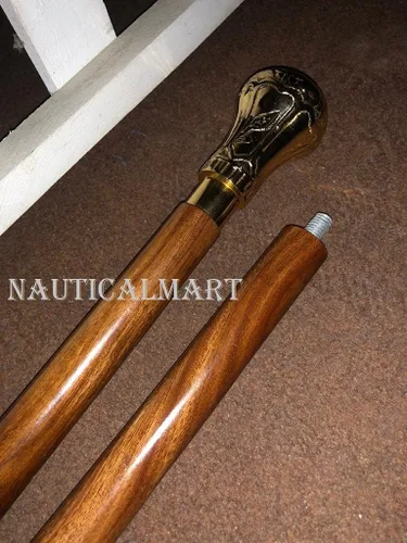 Vista 5 de Bastón antiguo vintage chapado en oro con mango de madera marrón