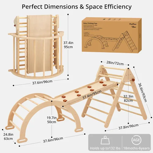 Vista 3 de Pikler - Juego de escalada triangular plegable para niños, 7 en 1, Montessori, grandes juguetes de escalada de madera, gimnasio de selva
