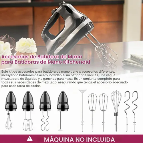 Vista 2 de Accesorios para batidoras de mano, batidor, ganchos de masa y varilla de mezcla de líquidos, accesorios de batidora de mano de acero inoxidable