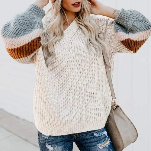 Vista 4 de EXLURA V Neck Long Lantern Sleeve Sweater Color Block Chunky Pullover Oversized Jumper