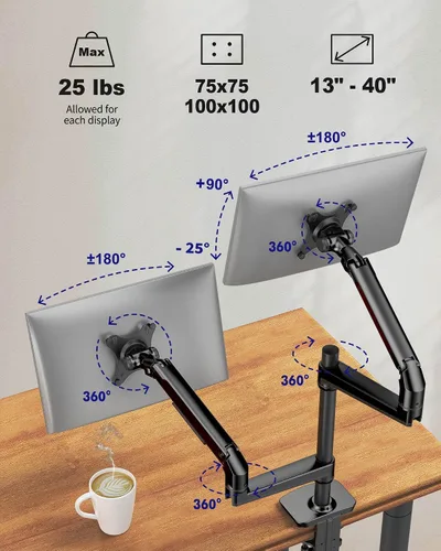 Vista 7 de Ergounion Soporte para monitor doble, soporta pantallas de hasta 40 pulgadas y 25 libras, brazo doble para monitor totalmente ajustable con Negro