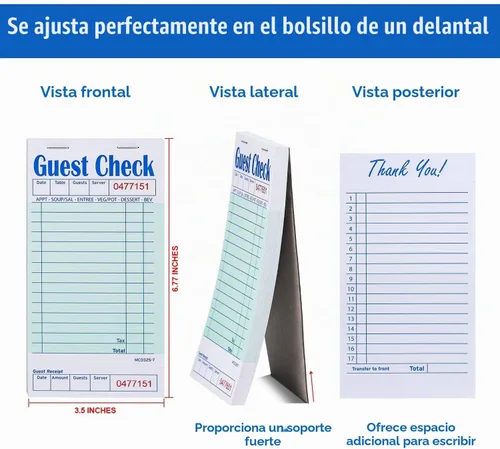 Vista 2 de Methdic Talonarios de Comandas para Servidores, Bloc de Notas para Meseras 250 Órdenes para Restaurantes (5 Libros)