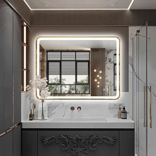 Vista 10 de Espejo de baño LED rectangular, 36 x 28 pulgadas, antiempañamiento, doble tacto, iluminado, espejo de tocador de pared con marco de metal biselado