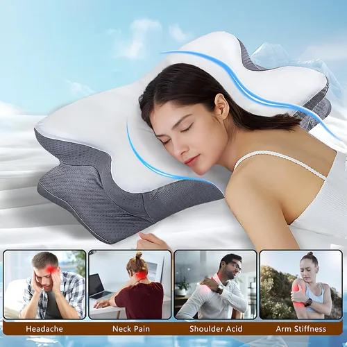 Vista 7 de Almohada cervical para el cuello para aliviar el dolor, almohadas ergonómicas de espuma viscoelástica para dormir, almohadas de apoyo para el cuello