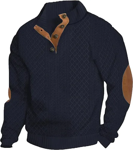 Vista 13 de Suéter de manga larga para hombre, casual, con botones de un cuarto, con cuello alto, sudadera con capucha