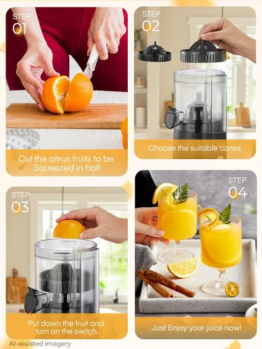Vista 8 de FOHERE Exprimidor eléctrico de cítricos, máquina exprimidora de naranja manos libres con 2 conos intercambiables, exprimidor automático de jugo